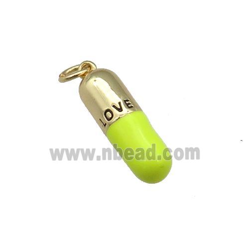 copper Pill Charm pendant with yellow enamel, LOVE, gold plated