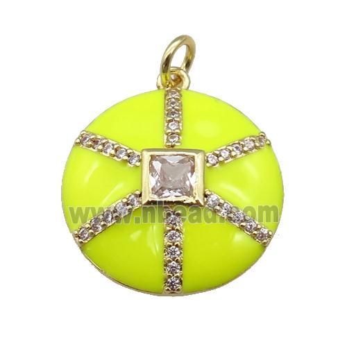 copper circle pendant paved zircon, yellow enamel, gold plated