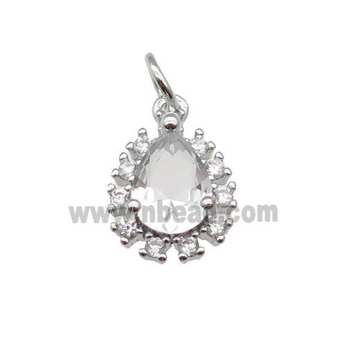 copper teardrop pendant pave zircon, platinum plated