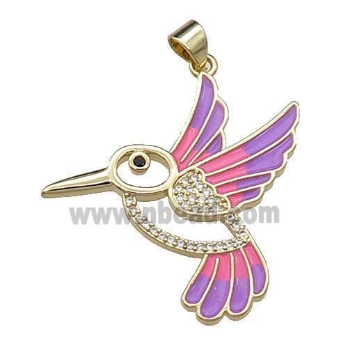 copper Hummingbird pendant pave zircon, fuchsia enamel, gold plated