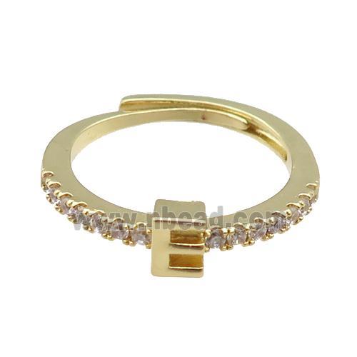 copper Ring pave zircon, letter-E, adjustable, gold plated