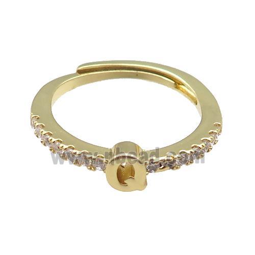 copper Ring pave zircon, letter-Q, adjustable, gold plated
