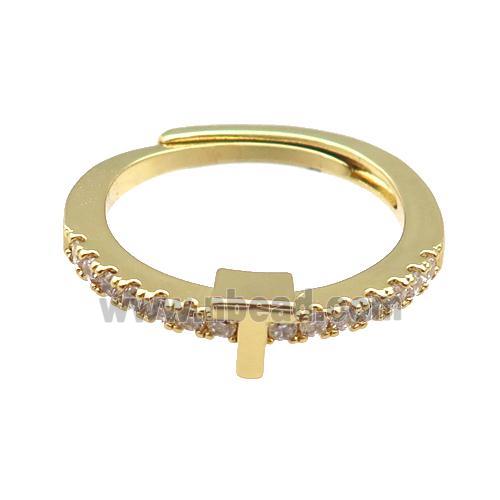copper Ring pave zircon, letter-T, adjustable, gold plated