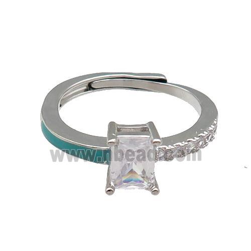 copper Ring pave zircon green enamel rectangle adjustable platinum plated