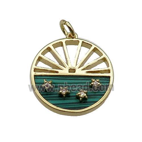 copper circle pendant pave zircon malachite sun gold plated