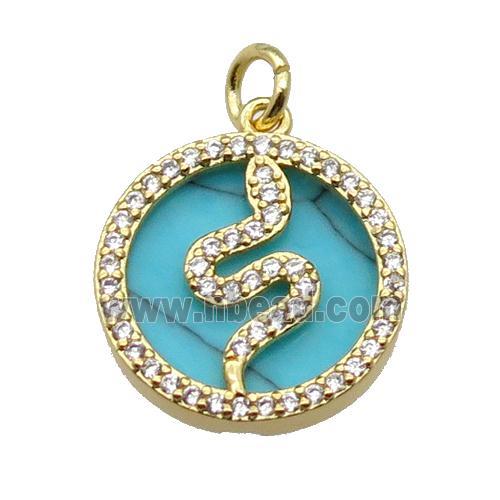 copper circle snake pendant pave zircon turquoise gold plated