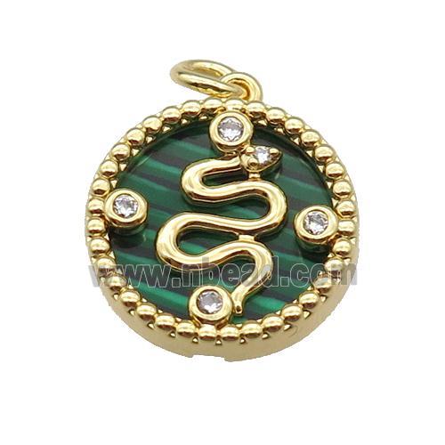 copper circle snake pendant pave zircon malachite gold plated