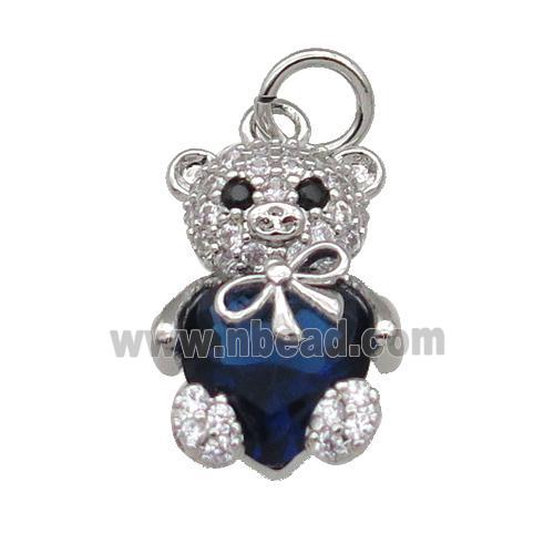 Copper Bear Charm Pendant Pave Zircon Blue Platinum Plated