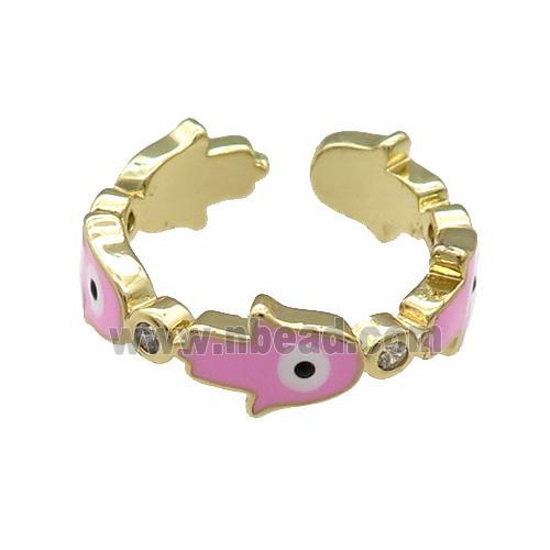 Copper Hamsahand Ring Pink Enamel Evil Eye Gold Plated
