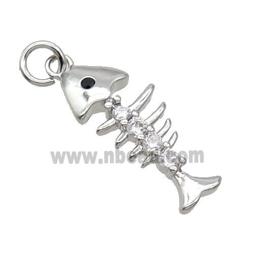 Copper Fishbone Pendant Pave Zircon Platinum Plated
