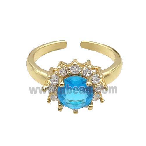 Copper Ring Pave Zircon Blue Crystal Gold Plated