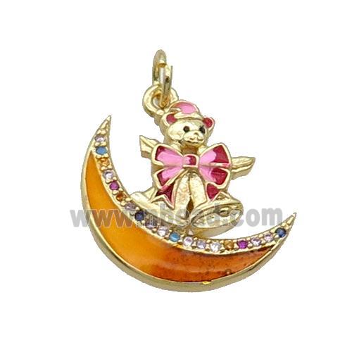Copper Moon Pendant Pave Zircon Orange Enamel Mouse Gold Plated