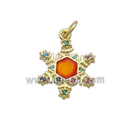 Copper Snowflake Pendant Pave Zircon Orange Enamel Gold Plated