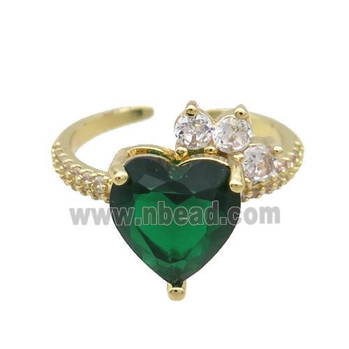 Copper Ring Pave Zircon Green Crystal Heart Gold Plated
