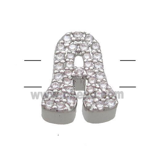 Copper Alphabet Beads Pave Zircon Letter-A 2holes Platinum Plated