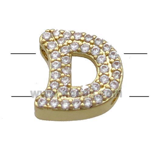 Copper Alphabet Beads Pave Zircon Letter-D 2holes Gold Plated