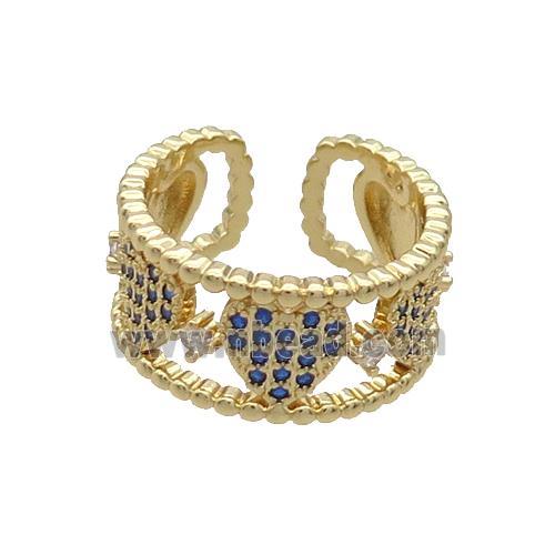 Copper Rings Pave Blue Zircon Heart Gold Plated