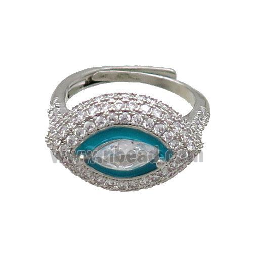 Copper Ring Pave Zircon Teal Enamel Eye Adjustable Platinum Plated