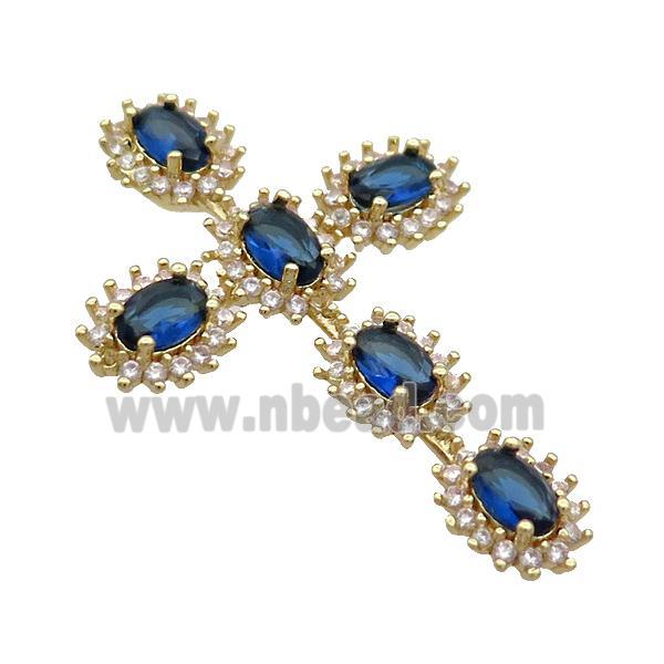 Copper Cross Pendant Pave Blue Crystal Glass Gold Plated