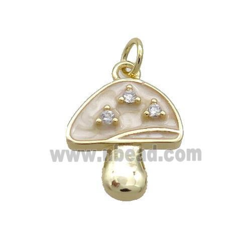 Copper Mushroom Pendant Pave Zircon White Enamel Gold Plated