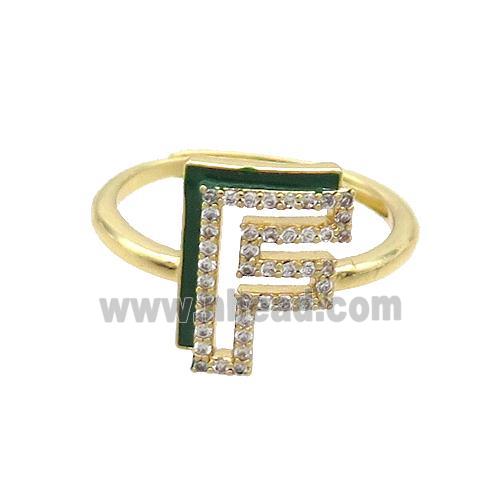 Copper Ring Pave Zircon F-Letter Adjustable Enamel Gold Plated