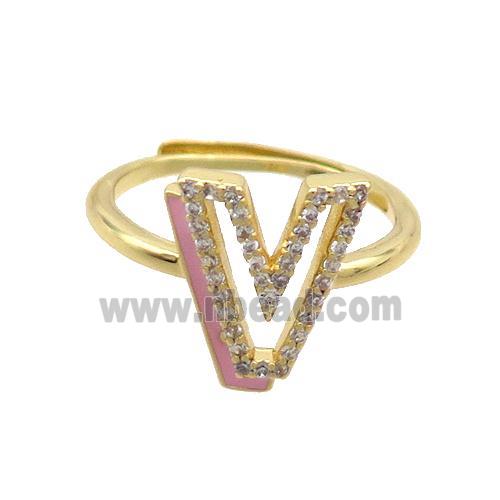 Copper Ring Pave Zircon V-Letter Adjustable Enamel Gold Plated
