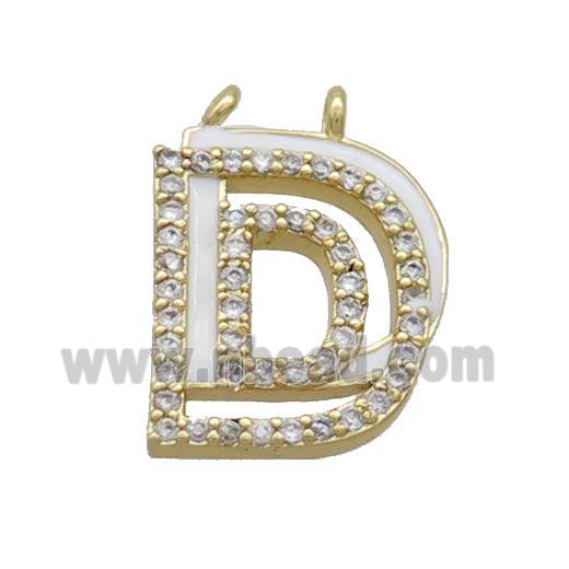 Copper Pendant Pave Zircon White Enamel Letter-D 2loops Gold Plated