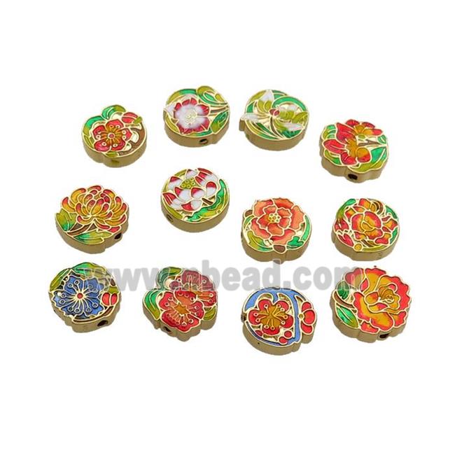 Copper Flower Beads Multicolor Cloisonne Gold Plated