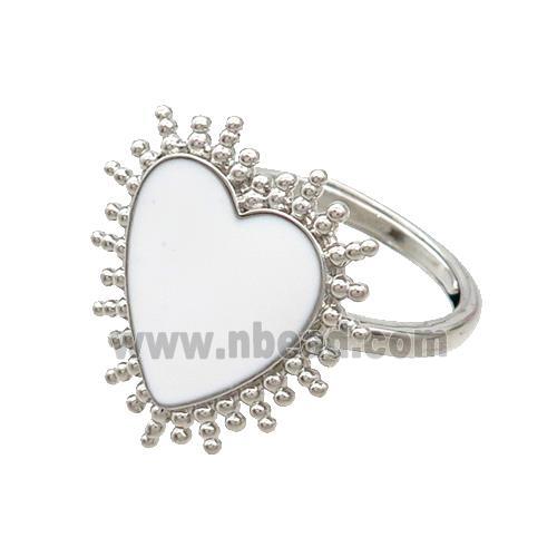 Copper Rings Heart White Enamel Adjustable Platinum Plated