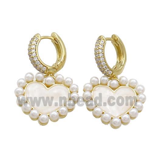 Copper Hoop Earring Pave Zircon Heart Pearlized Resin Gold Plated