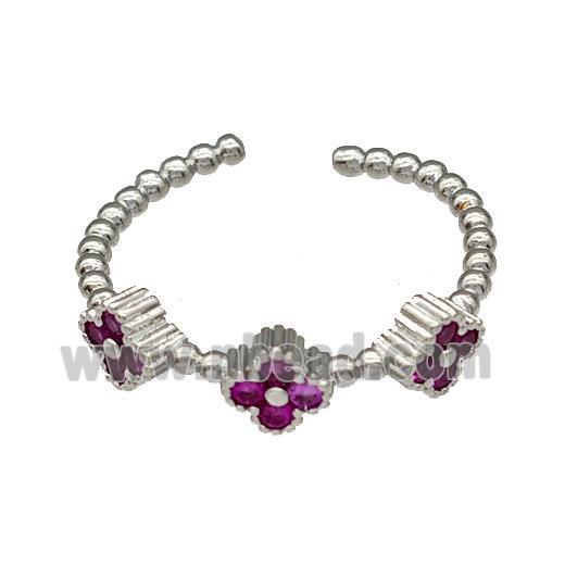 Copper Clover Rings Micro Pave Fuchsia Zirconia Platinum Plated