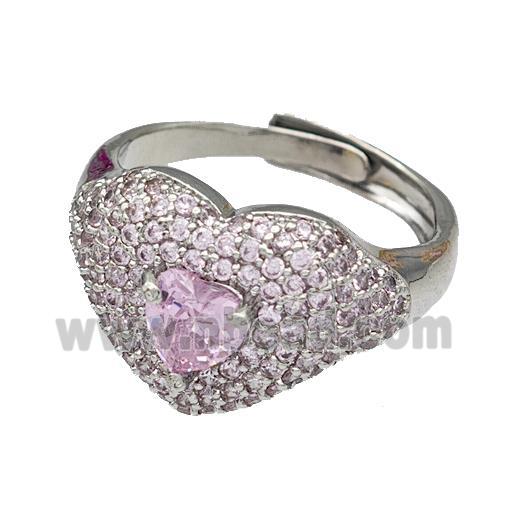Copper Heart Rings Micro Pave Zirconia Adjustable Platinum Plated