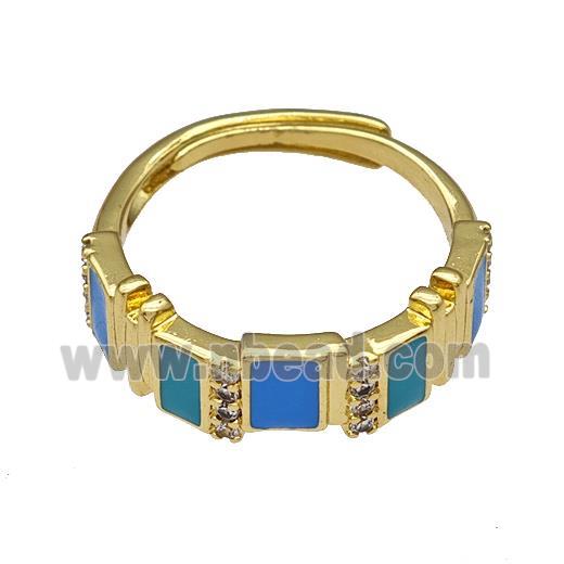 Copper Rings Pave Zircon Blue Enamel Adjustable Gold Plated