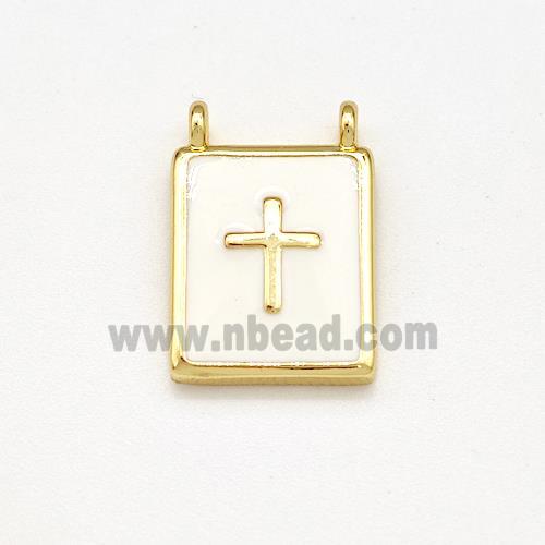 Copper Rectangle Pendant Cross White Enamel 2loops Gold Plated