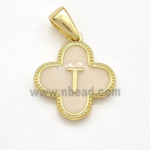 Copper Clover Pendant Letter-T Painted Gold Plated