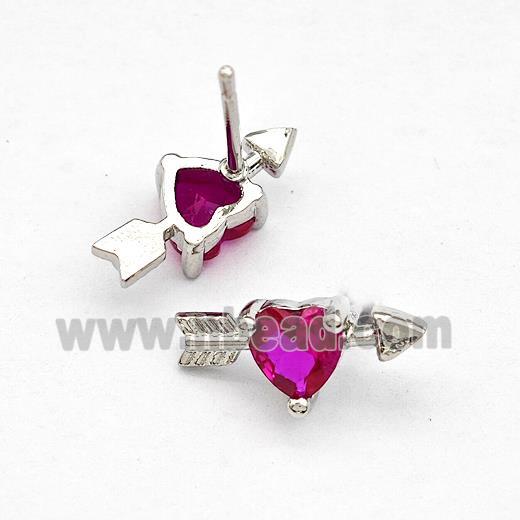 Copper Stud Earrings Pave Fuchsia Zircon Cupids Arrow Heart Platinum Plated