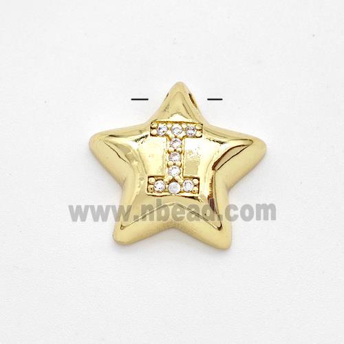 Copper Star Pendant Pave Zirconia Letter-I Large Hole Gold Plated