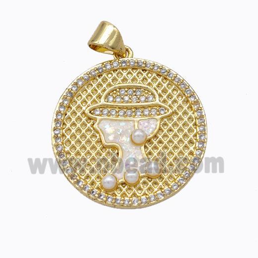 Beauty Charms Copper Circle Pendant Pave Zirconia Fire Opal 18K Gold Plated