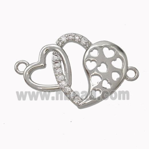 Copper Heart Connector Micropave Zirconia Platinum Plated