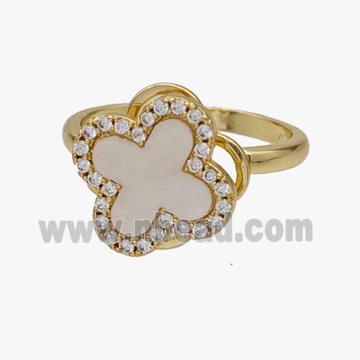 Copper Clover Rings Pave Zirconia Shell Rotatable Adjustable Gold Plated