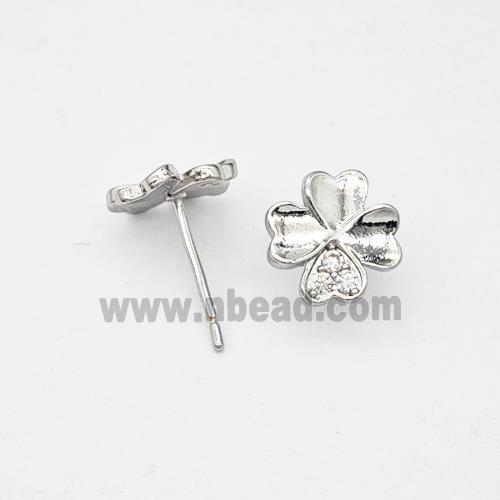 Copper Clover Stud Earrings Micropave Zirconia Platinum Plated