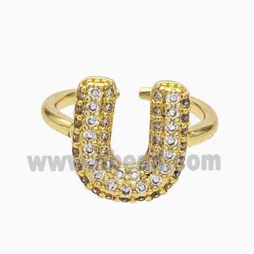 Copper Letter-U Rings Micropave Zirconia Gold Plated