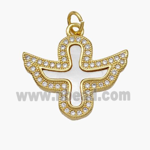 Copper Cross Pendant Pave Shell Zirconia Angel Wings 18K Gold Plated