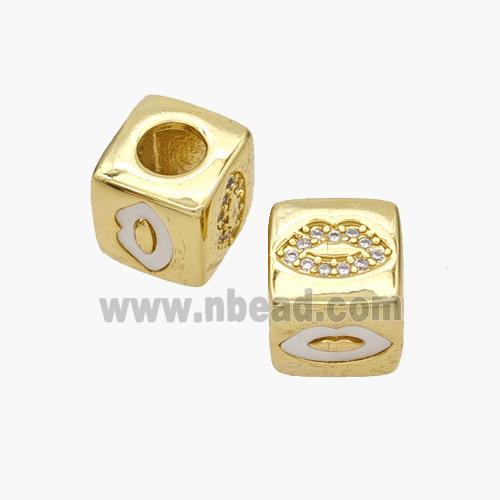 Copper Cube Beads Pave Shell Zirconia Lips Large Hole 18K Gold Plated