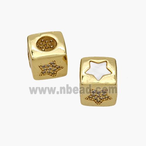 Copper Cube Beads Pave Shell Zirconia Star Large Hole 18K Gold Plated