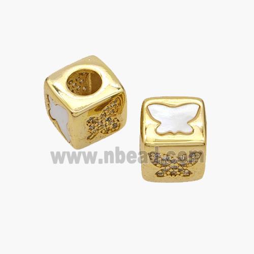 Copper Cube Beads Pave Shell Zirconia Butterfly Large Hole 18K Gold Plated