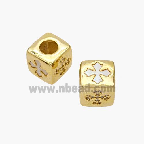 Copper Cube Beads Pave Shell Zirconia Cross Large Hole 18K Gold Plated