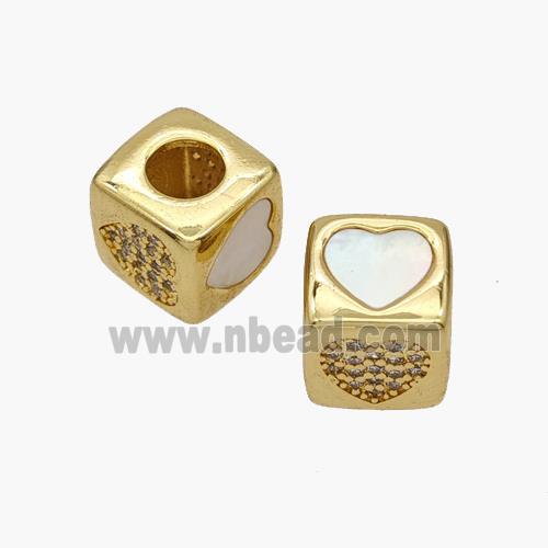 Copper Cube Beads Pave Shell Zirconia Heart Large Hole 18K Gold Plated