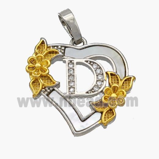 Copper Heart Pendant Pave Shell Zirconia Letter-D Platinum Plated 18K Gold Flower