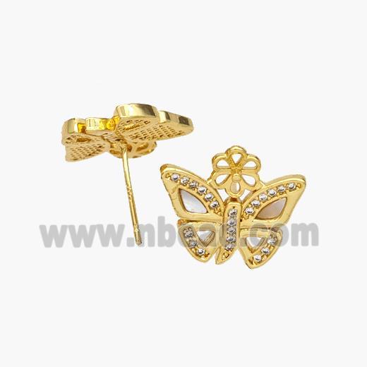 Copper Butterfly Stud Earrings Pave Shell Zirconia 18K Gold Plated